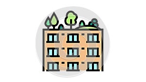 trees and bushes on building roof color icon animation