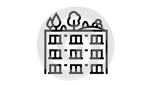 trees and bushes on building roof line icon animation