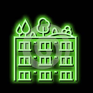 trees and bushes on building roof neon glow icon illustration