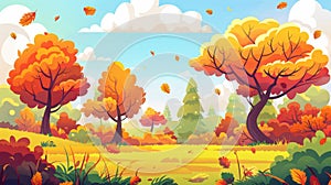 Trees, bushes, grass, leaves and falling orange leaves in an autumn forest landscape. Countryside panorama with trees