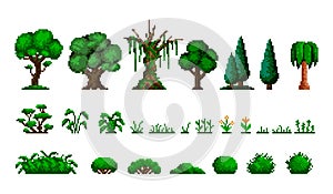 Trees and bushes with grass in the style of pixel art. Tropical shrub. 8-bit sprite. Game development, mobile