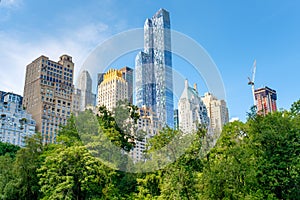 Trees in Central Park with of the midtown Manhattan skyline in New York