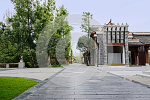 Trees and Chinese traditional buildings along pavement on sunny