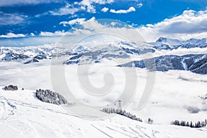 Trees covered by fresh snow in Tyrolian Alps from Kitzbuhel ski resort, Austria