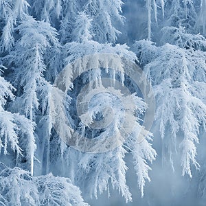 Trees covered with pure white snow in cold winter forest landscape