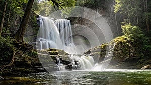 Trees with dense foliage frame the waterfall creating a serene natural