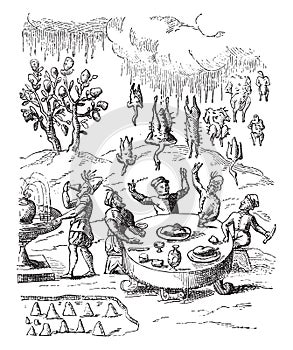 Trees donuts, Rain rotis, Fountain malvasia, Sugar molehills, vintage engraving