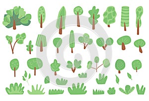 Trees doodle set. Forest elements collection. Plant bushes, grass garden. Vector flat illustration