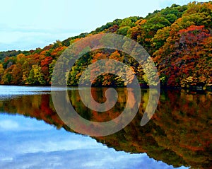 Trees during fall along the shore line of a clear lake