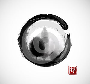 Trees in fog in black enso zen circle on white background. Traditional oriental ink painting sumi-e, u-sin, go-hua photo