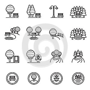 Trees, forest and bench,Park Icon Set. Line Style stock vector.