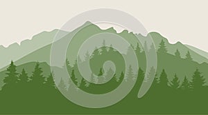 Trees forest on mountainous terrain silhouette. Vector illustration photo