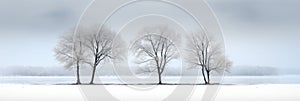 Trees by frozen river in winter, panoramic banner of snowy lake and sky, minimalist landscape of peaceful nature for background.