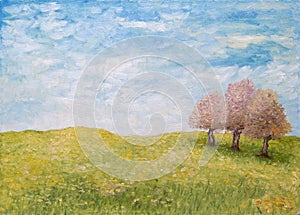 Trees in green field, oil painting