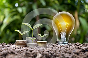Trees grow from coins and energy-saving light bulbs labeled ENERGY, energy-saving