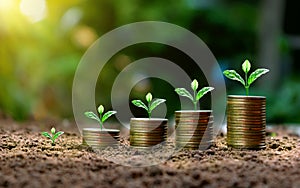 Trees growing on a pile of golden coins on a green background