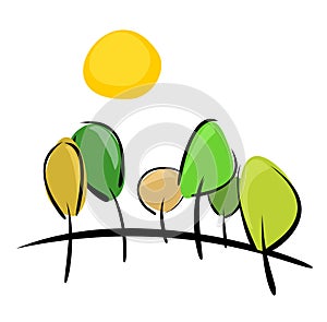 Trees on hill at sunny day vector illustration
