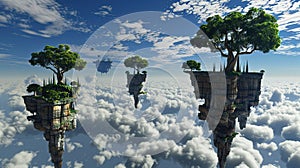 Trees and Hovering Cloud Islands Near Ground. Generative Ai
