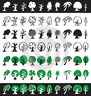 Trees icons, silhouettes and symbols