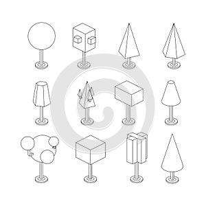 Trees isometric icon set isolated on a white