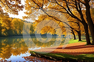 The trees are by the lake.