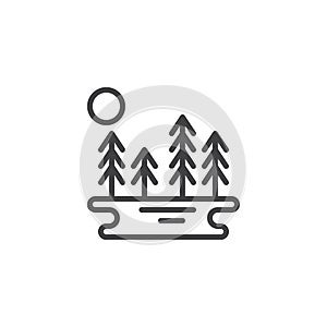 Trees and lake with sun outline icon