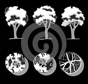 Trees for a landscape design. Different hand drawn trees isolated on black background, sketch, architectural drawing