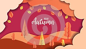 Trees and leaves in the clouds and  Hello Autumn advertising header or banner design.  Paper cut and craft style background. Vecto