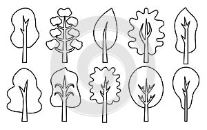 Trees linear icons silhouette black vector set