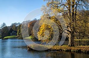Trees and main lake in Stourhead Gardens during Autumn Fall