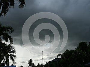 Trees and Mobile phone antenna tower silhouette with Cumulonimbus cloud formations on tropical sky