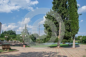 Public park, beautiful nature, leisure concept, birdhouse on the ground, peaceful lake