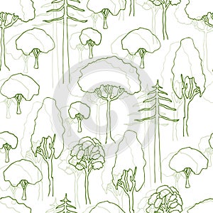 Trees pattern. Vector seamless pattern of trees silhouette. Design for wrapping, eco packaging, web site background