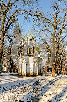 Trees and pavillion in snow