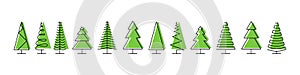 Trees pines vector icons. Trees icons in a row  isolated. Panorama view. Christmas tree in line flat design. Vector illustration