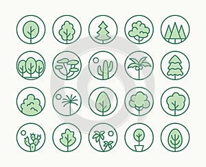 Trees, Plants Freen Line Icon. Vector Illustration Flat style. Included Icons as Fir Tree, Palm Park, Desert, Cactus