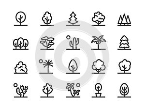 Trees, Plants Line Icon. Vector Illustration Flat style. Included Icons as Fir Tree, Palm, Park, Desert Cactus, Bush
