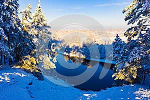 Trees reflect in river on winter day, beautiful landscape. Morning scenery. New year concept