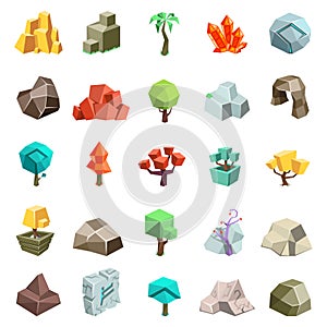 Trees rock stone boulder cave cristal rune cartoon isometric 3d flat style icons set game art environment low poly