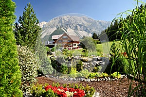 Beautiful garden in ramsau dachstein austria with mauntains in the back