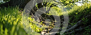 Trees root in green grass