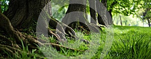 Trees root in green grass
