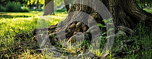 Trees root in green grass