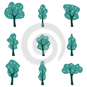 Trees, set of designer original trees isolated on a white background. Vector illustration of green trees.