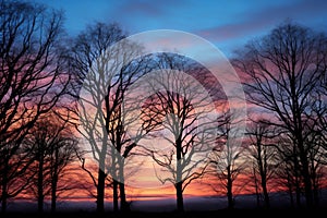 trees silhouetted against a chilled dawn sky