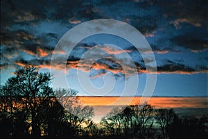 Trees are silhouetted against the senset in Kansas