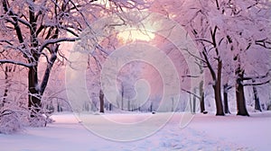 Trees in snow landscape background. Beautiful winter forest. Hello Winter concept