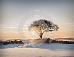 Trees in the snow at Mild Seven hills during a sunset. Generative Ai