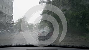 Trees and street view through rain drop covered car windshield