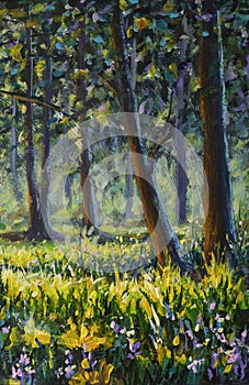 Trees In the sunny forest park acrylic painting